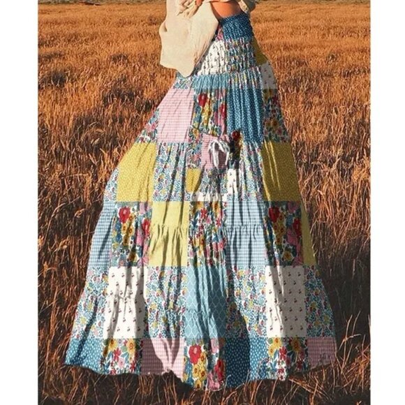 Plus Boho Floral Print Gingham Patchwork Stretchy Waist Maxi Skirt - Picture 3 of 3